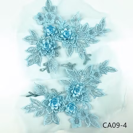 Spetsapplikation på mesh, spegelvänt par. Turqouise