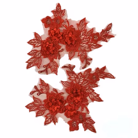 Spetsapplikation på mesh, spegelvänt par. Red