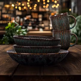 Blocho Daisy Stoneware Mugg 35cl med grönsvart dekor samt relieff, 6 st/frp
