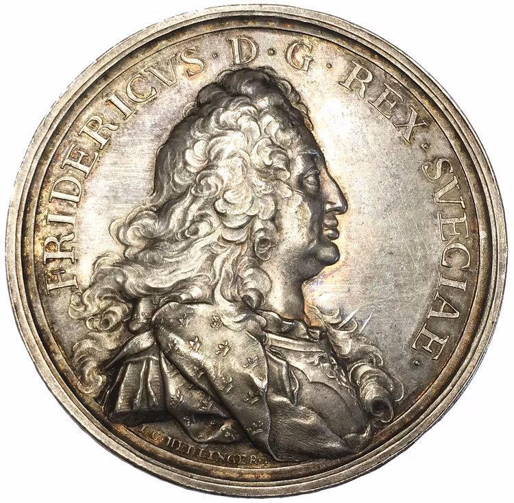 Sverige, Fredrik I 1720-1751, Den Hessiska resan 1731 - Silvermedalj med anledning av återkomsten till Sverige graverad av Hedlinger - RR