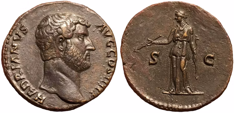 Romerska riket, Hadrianus 117-138. Sestertie med "Medaljprägling"