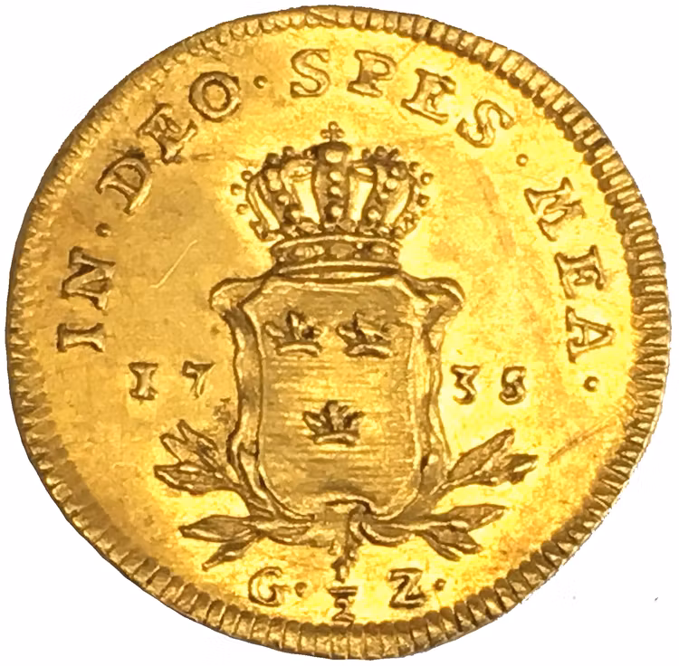 Sverige, Fredrik I 1720-1751, 1/2 Gulddukat 1735 - MYCKET VACKERT EXEMPLAR