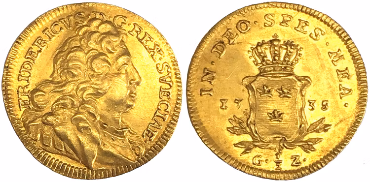 Sverige, Fredrik I 1720-1751, 1/2 Gulddukat 1735 - MYCKET VACKERT EXEMPLAR