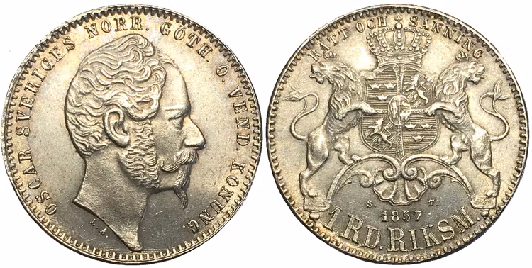 Sverige, Oskar I 1844-1859, 1 Riksdaler riksmynt 1857 - VACKERT SILVERMYNT - Ettårstyp