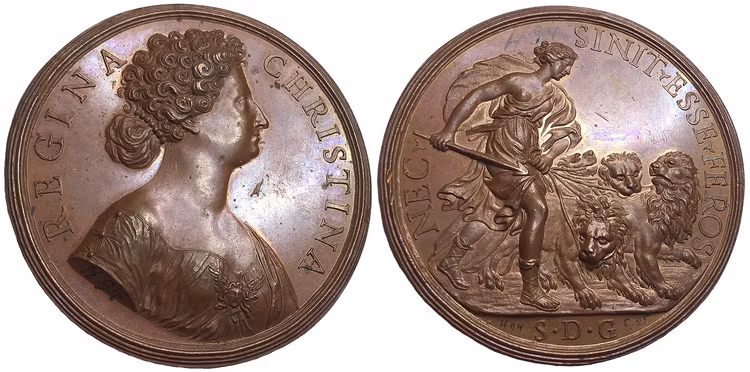Sverige, Kristina (1632-1654), Bronsmedalj utgiven i Rom 1685 graverad av Giovanni Battista Guglielmada - PRAKTSKICK