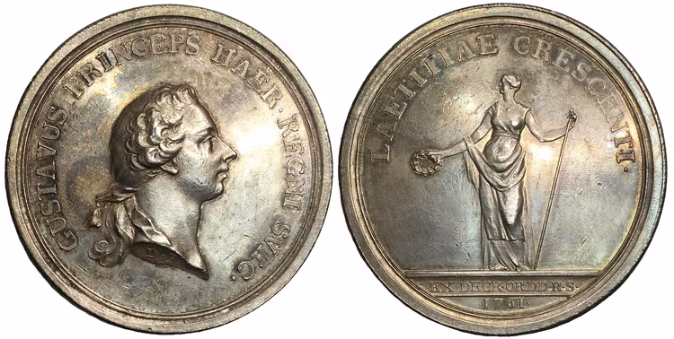 Sverige, Gustav III 1771-1792, Silvermedalj utgiven med anledning av kronprinsens (Gustav III) 16 års dag 1761 av Daniel Fehrman