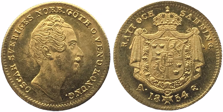 Sverige, Oskar I 1844-1859, gulddukat 1854 med stor A i Mm AG - TOPPEXEMPLAR