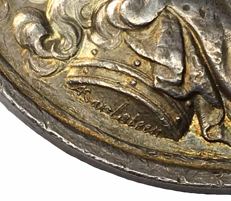 Sverige, Karl XI 1660-1697. Silvermedalj till konungens död 1697 av Arvid Karlsteen