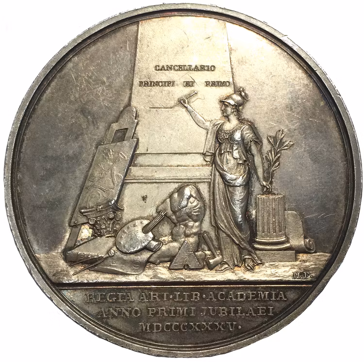 Sverige, Kronprins Oskar (I), Silvermedalj 1835, utgiven till 100-årsfirandet av Kungliga Akademin för de fria konsterna av M. Frumerie