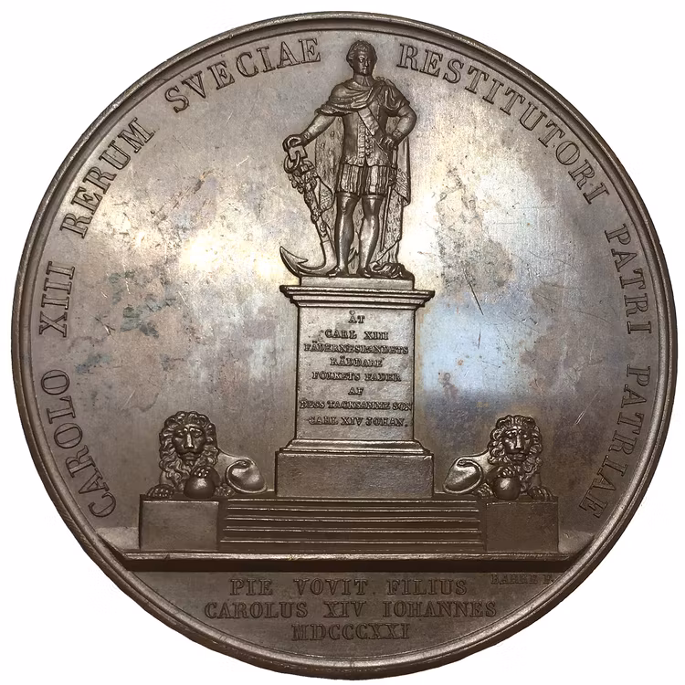 Sverige, Karl XIV Johan 1818-1844, Bronsmedalj med anledning av avtäckningen av Karl XIII bildstod i Stockholm den 5 november 1821 av F. Barre