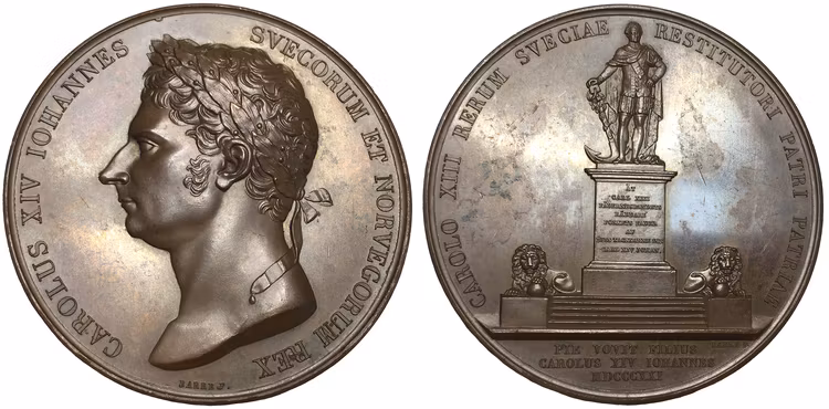 Sverige, Karl XIV Johan 1818-1844, Bronsmedalj med anledning av avtäckningen av Karl XIII bildstod i Stockholm den 5 november 1821 av F. Barre
