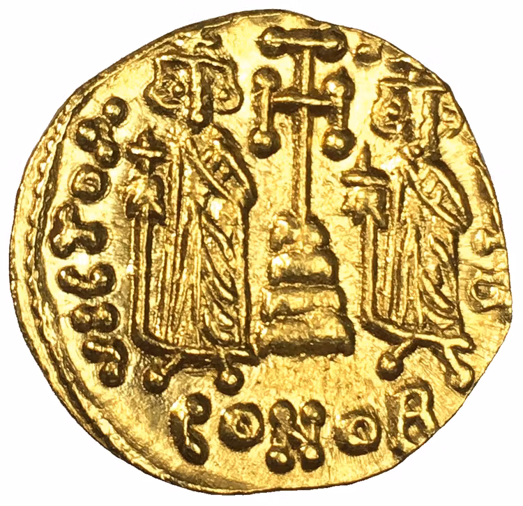 Bysantinska Riket, Constantine IV Pogonatus, med Heraclius & Tiberius, 668-685 e.Kr. Solidus i guld - VACKERT EXEMPLAR