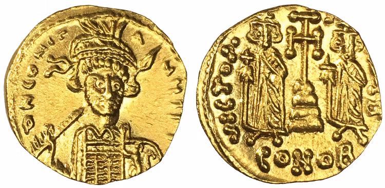 Bysantinska Riket, Constantine IV Pogonatus, med Heraclius & Tiberius, 668-685 e.Kr. Solidus i guld - VACKERT EXEMPLAR