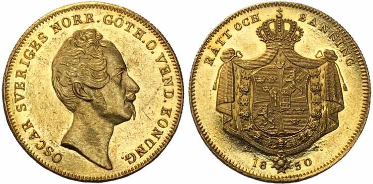 Sverige, Oskar I - 4 Dukater 1850 - Ett praktfullt guldmynt i vacker kvalitet