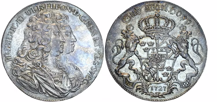 Fredrik I - Riksdaler 1727 med dubbelporträtt - Ett klassiskt och sällsynt typmynt i vacker kvalitet