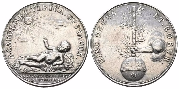 Karl XI - SIlvermedalj 1683 av Arvid Karlsteen till minne av sonen Gustav födelse - EXTREMT SÄLLSYNT - RRR