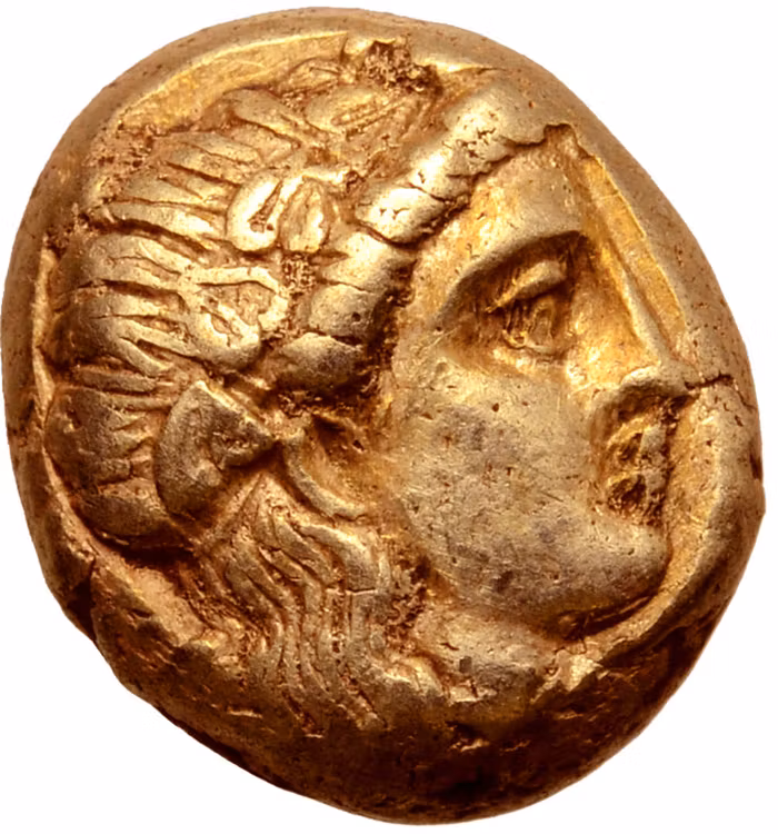 Lesbos, Mytilene, Hekte, guld, ca 375-325 f.Kr. - Guden Silenos ansikte