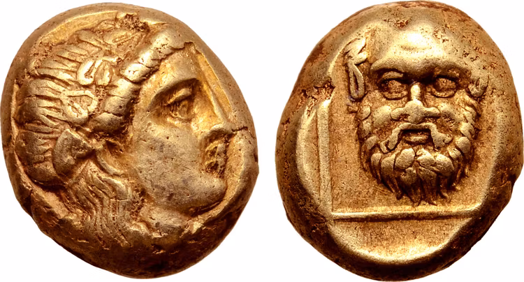 Lesbos, Mytilene, Hekte, guld, ca 375-325 f.Kr. - Guden Silenos ansikte