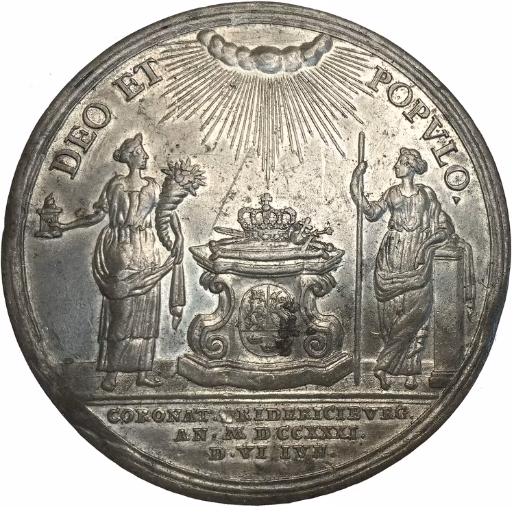 Danmark, Christian VI, pampig kröningsmedalj 1731 av G.W. Wahl