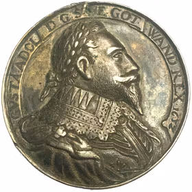Gustav II Adolf och Maria Eleonora förgylld minnespenning 1632