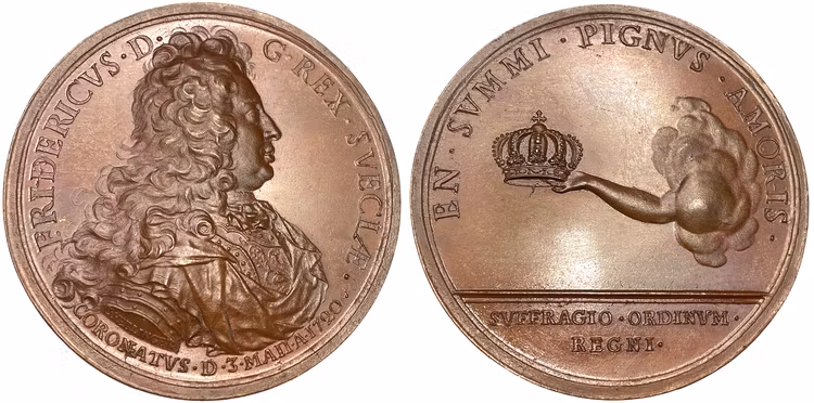 Fredrik I:s Kröning i Stockholm den 3 maj 1720 graverad av Hedlinger - Ocirkulerat toppexemplar