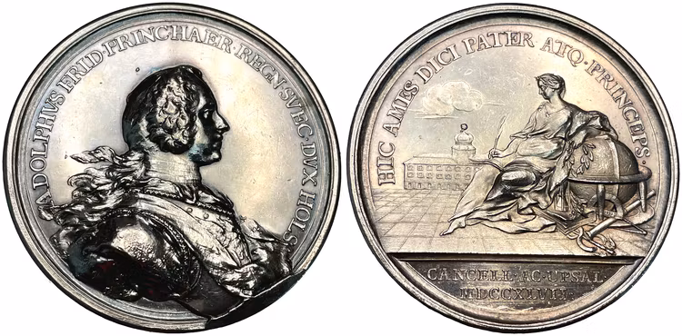 Adolf Fredrik blir kansler för Uppsala Universitet 1747 - Enda noterade exemplaret - EXTREMT RAR - RRR - Möjligen det enda tillgängliga exemplaret i privat ägo - av Georgii och Fehrman