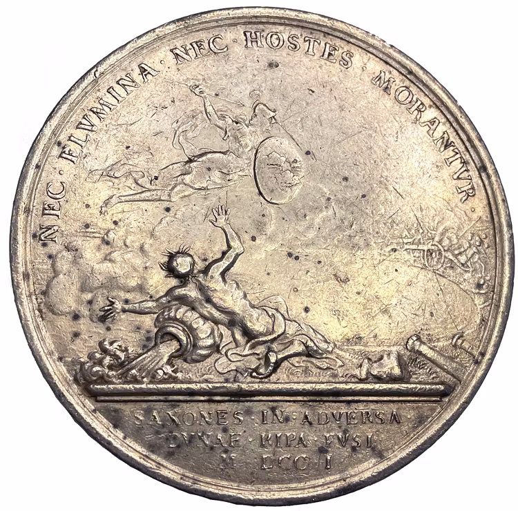 Karl XII går med sin här över Dünafloden och besegrar konung Augusts armé nära Riga den 9 juli 1701 - Ex. Bonde - MYCKET SÄLLSYNT