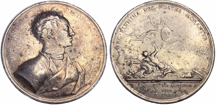 Karl XII går med sin här över Dünafloden och besegrar konung Augusts armé nära Riga den 9 juli 1701 - Ex. Bonde - MYCKET SÄLLSYNT