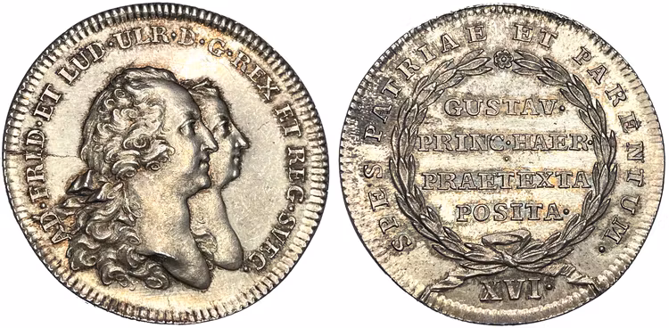 Adolf Fredrik och Lovisa Ulrika - Gustav (III) förklaras myndig 1762 av Daniel Fehrman - PRAKTEXEMPLAR - Ex. Bonde