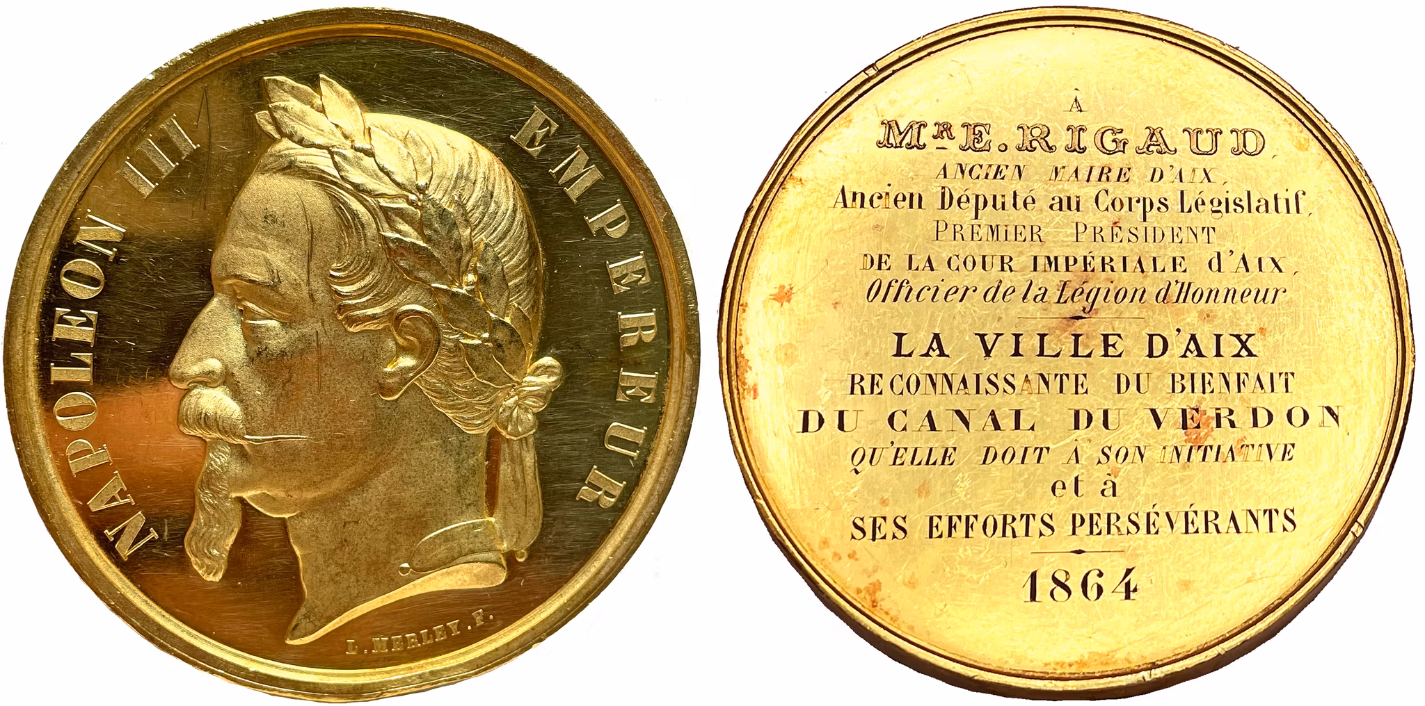 Frankrike, Napoleon III - Stor guldmedalj tilldelad borgmästaren i Aix 1864 av Merley - RRR