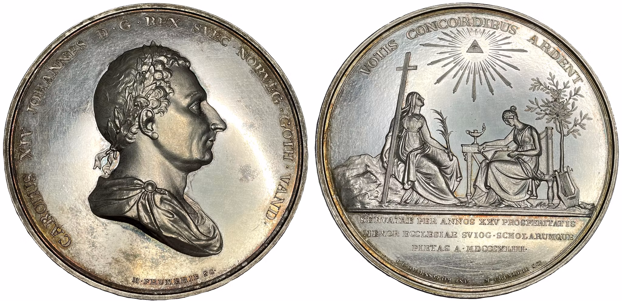 Karl XIV Johan, Konungens 25-åriga regeringsjubileum 1843 av Frumerie - Ett ocirkulerat PRAKTEXEMPLAR i originaletui - RRR