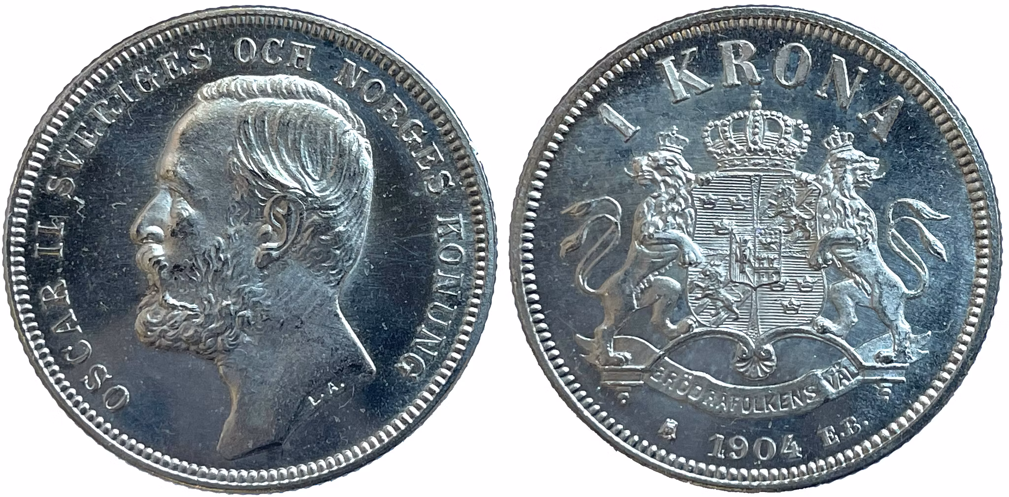 Oskar II - 1 Krona 1904 - Praktexemplar med frostad relief och djupt spegelglänsande fält