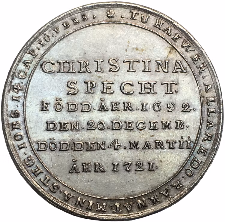 Christina Specht 1692-1721 - En synnerligen sällsynt medalj RRR