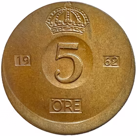 Gustav VI Adolf, 5 Öre 1962 - Felprägling - Kraftigt snedprägling - Mycket sällsynt