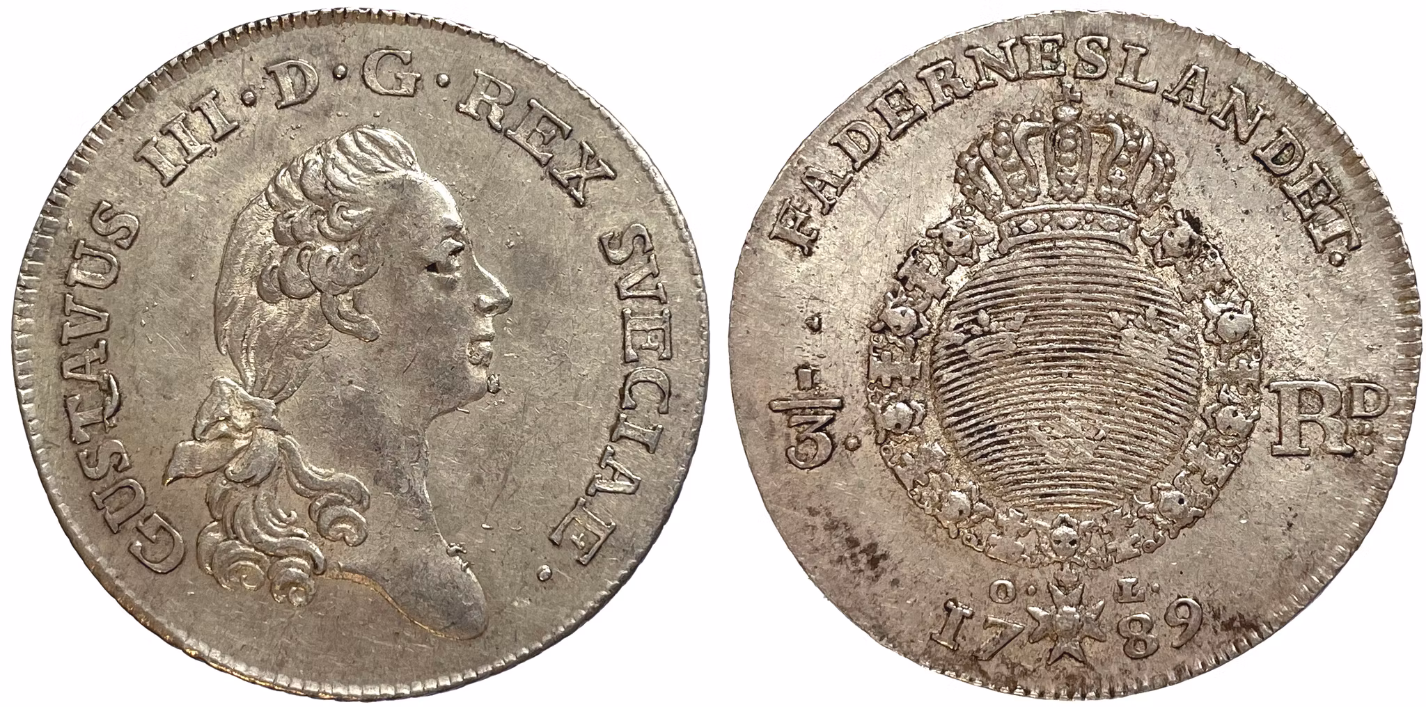 Gustav III - 1/3 Riksdaler 1789 med kort valspråk