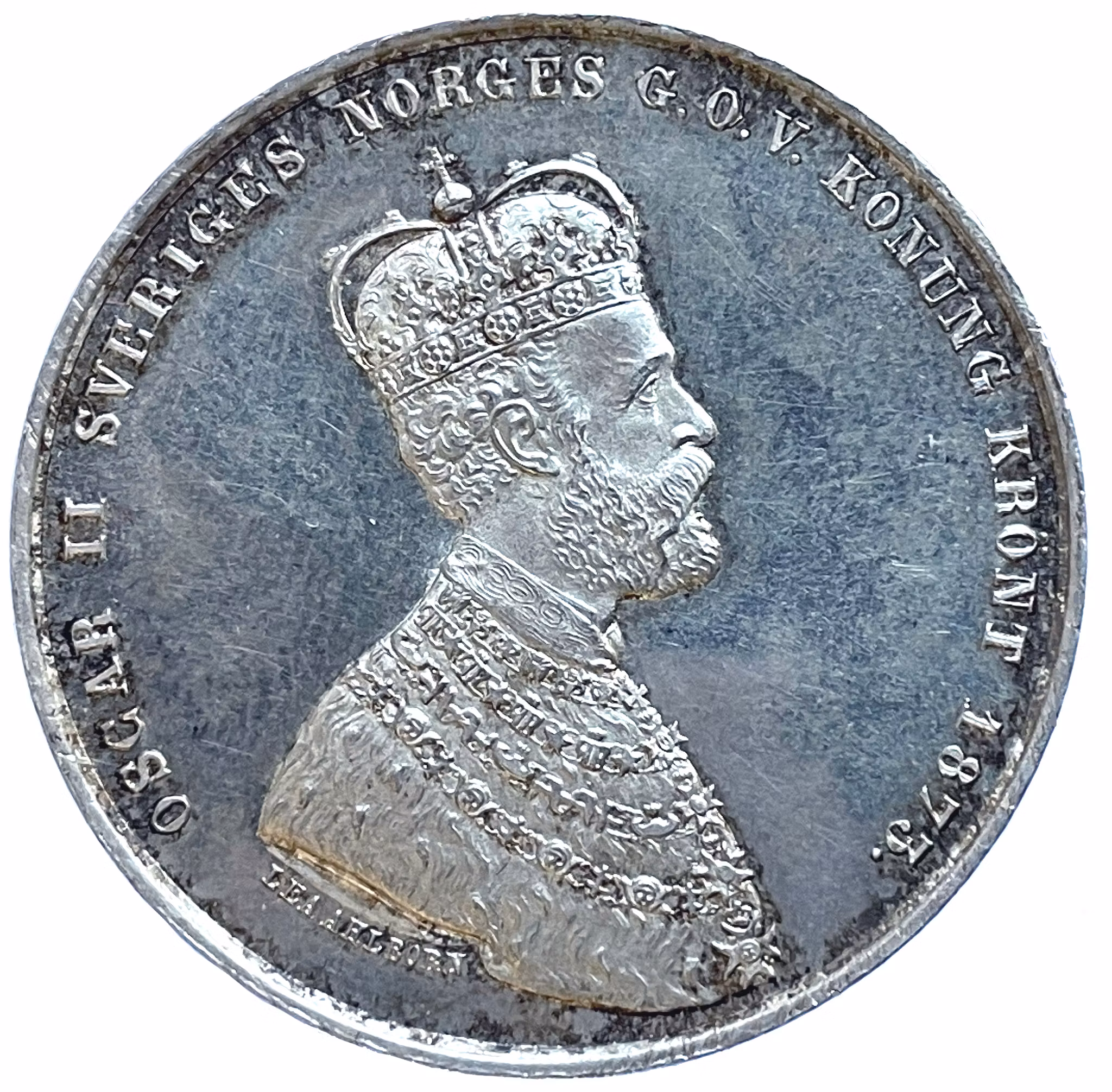 Oskar II - Minnespenning till konungens kröning 1873 med frostad relief