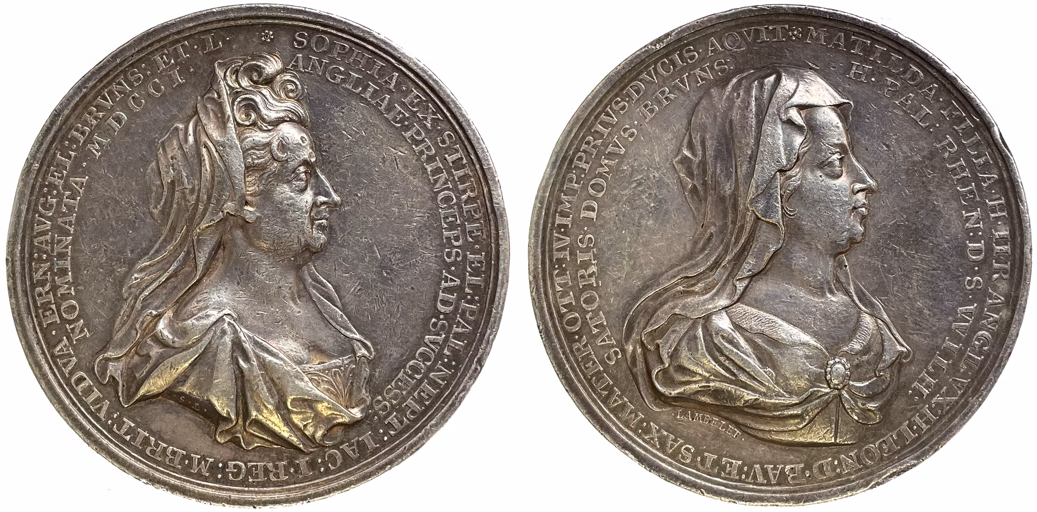 Sophia av Braunschweig och tilltänkt tronföljare av England med Mathilde grundaren av huset Braunschweig i Tyskland - En historiskt signifikant medalj från 1701 i 5 talers vikt