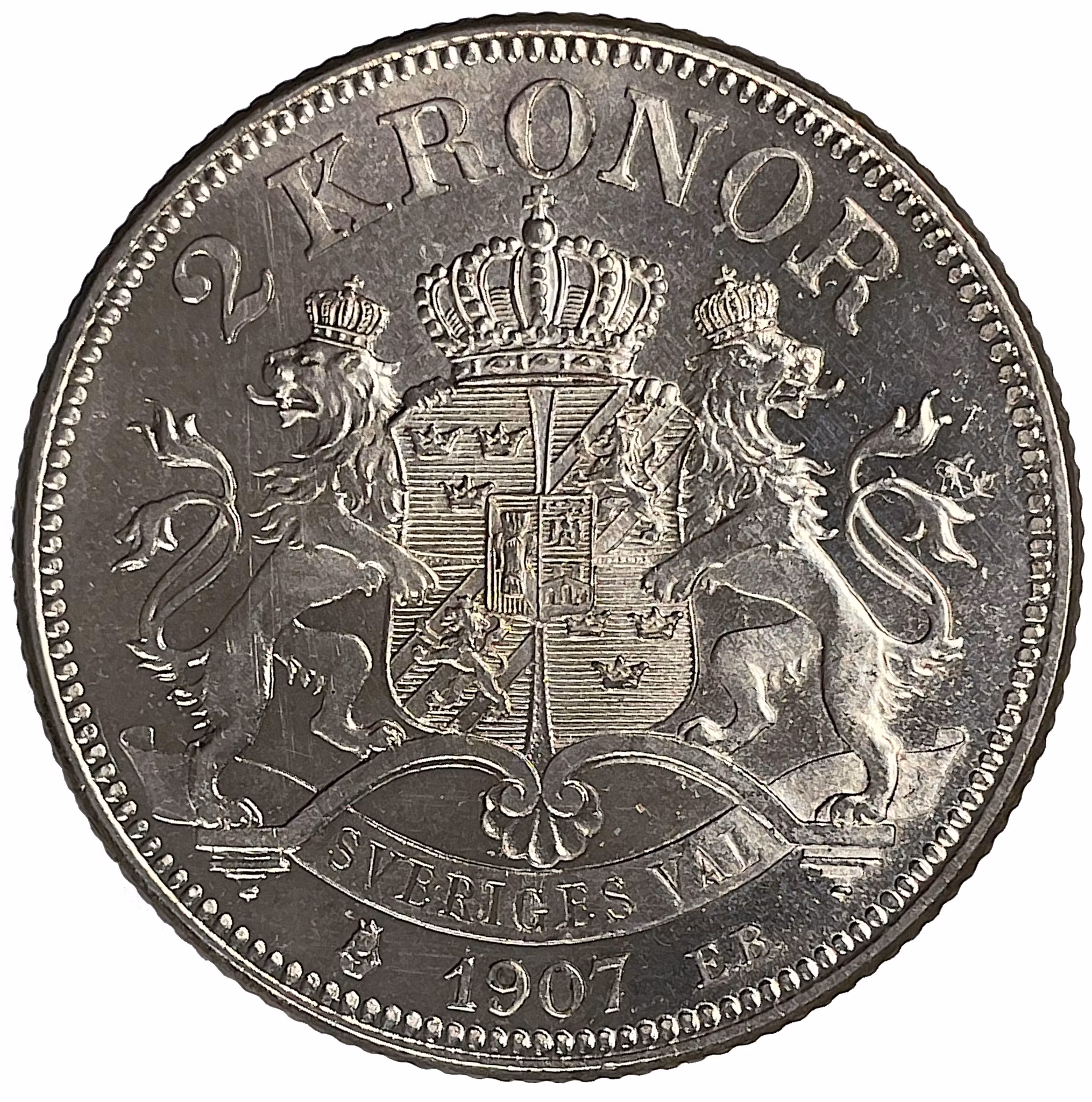 Oskar II, 2 Kronor 1907 med spegelkaraktär - Ett vackert exemplar