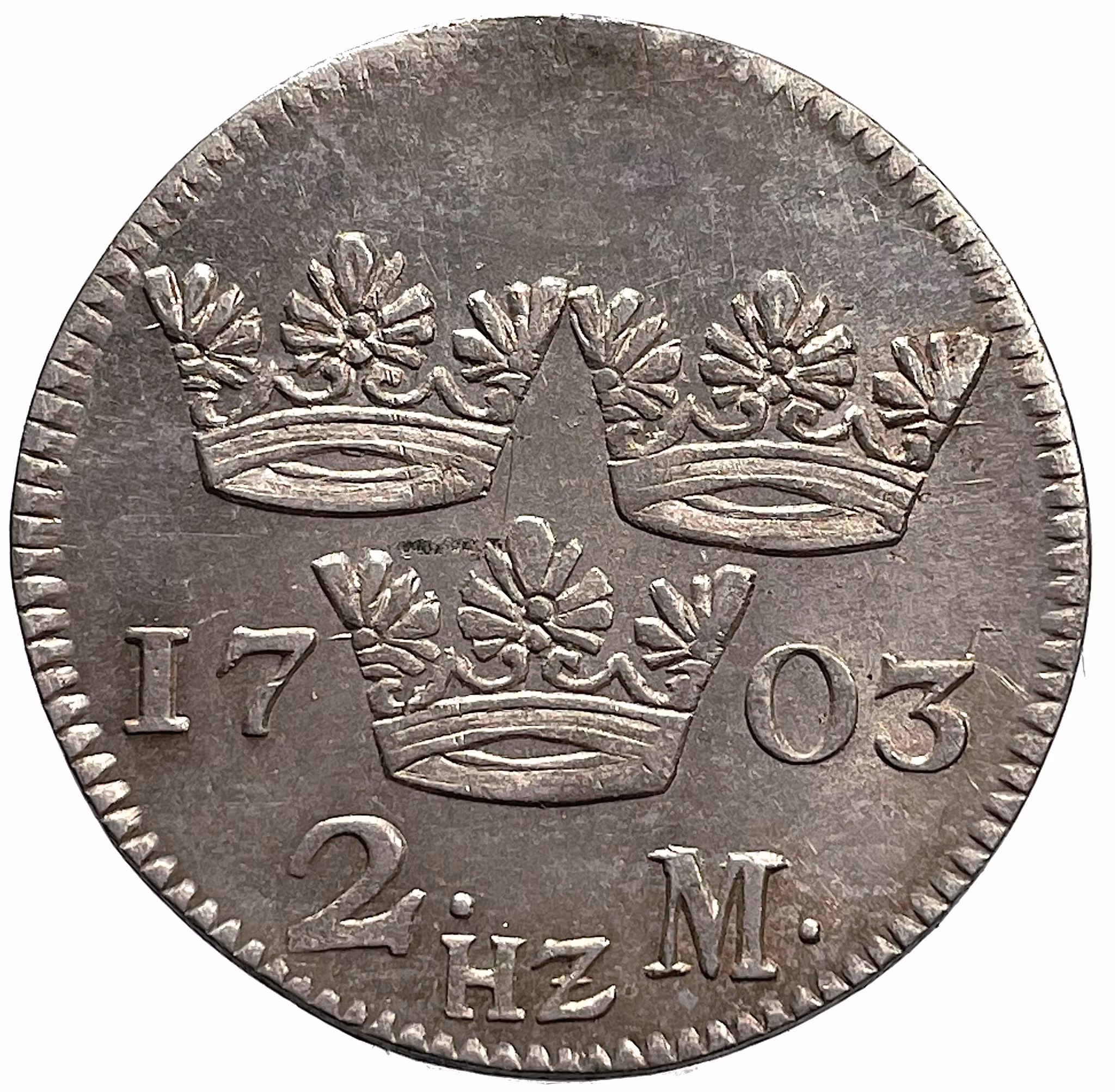 Karl XII, 2 Mark 1703 Ett vackert ocirkulerat exemplar med fullt bevarad skimrande präglingsglans.