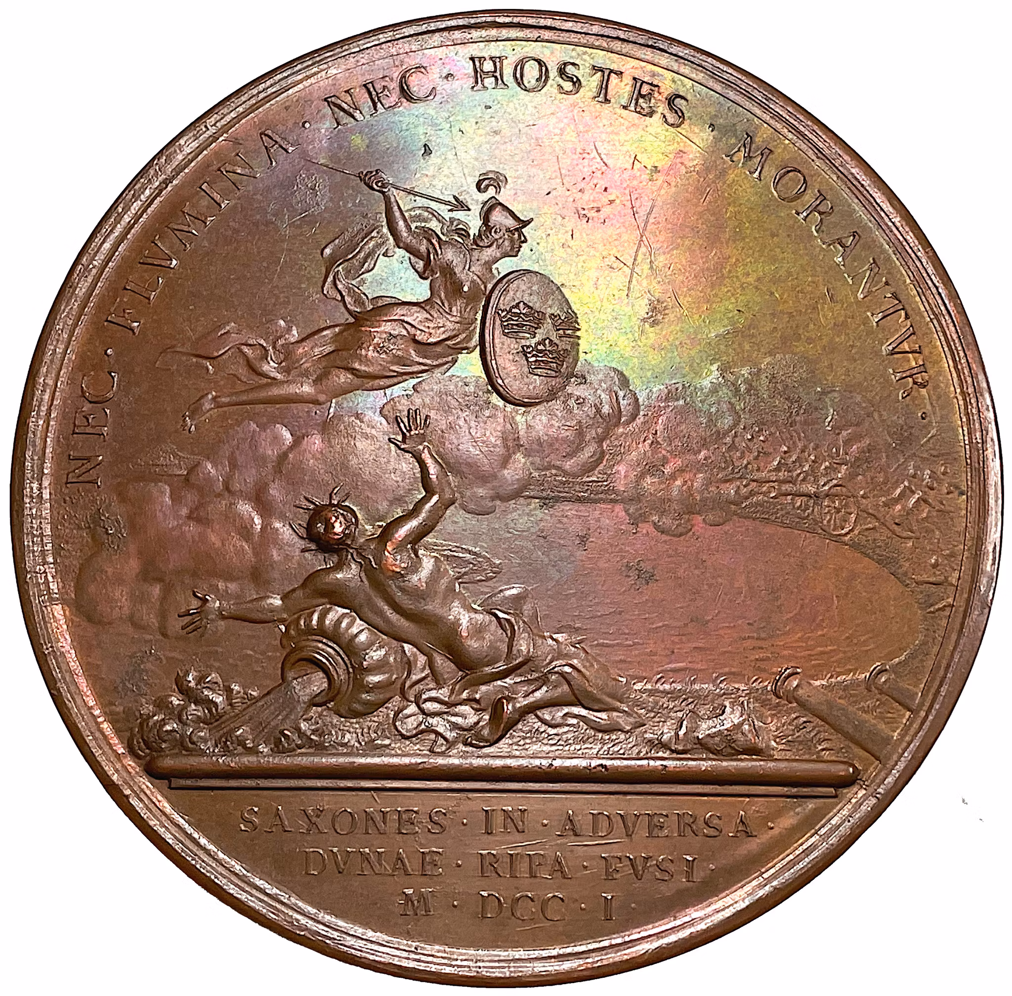 Karl XII går med sin här över Dünafloden och besegrar konung Augusts armé nära Riga den 9 juli 1701 av Bengt Richter - Ex. samling Crona 1937:444 - Extremt sällsynt toppexemplar