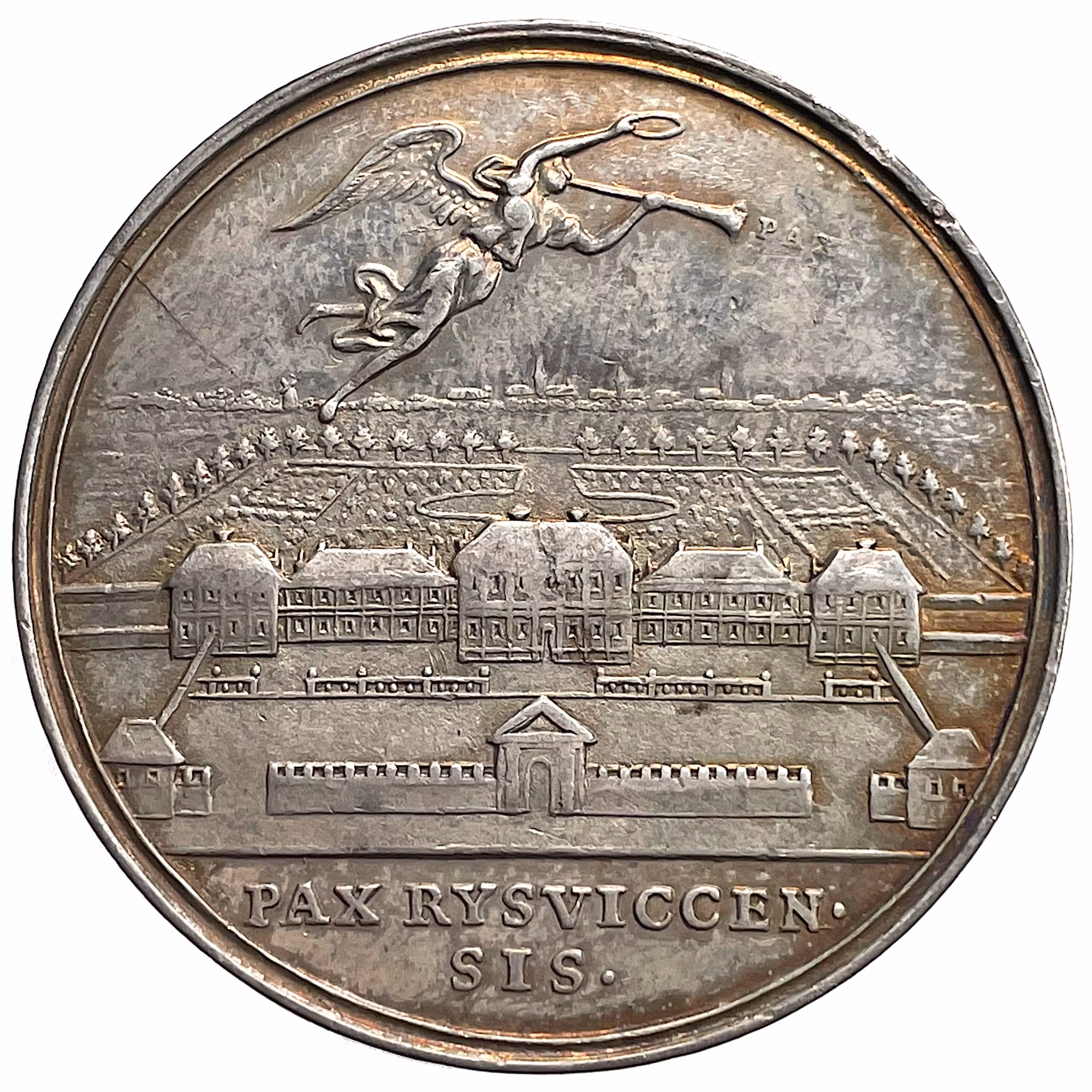 Konungen uppträder som medlare vid den mellan Frankrike och dess fiender i Ryswik i Holland avslutade  freden den 20 september och den 30 october 1697 av Georg Hautsch - RAR