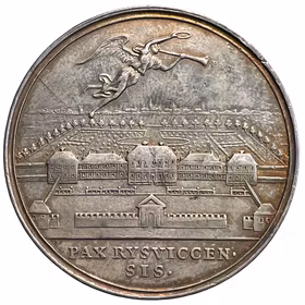 Konungen uppträder som medlare vid den mellan Frankrike och dess fiender i Ryswik i Holland avslutade  freden den 20 september och den 30 october 1697 av Georg Hautsch - RAR