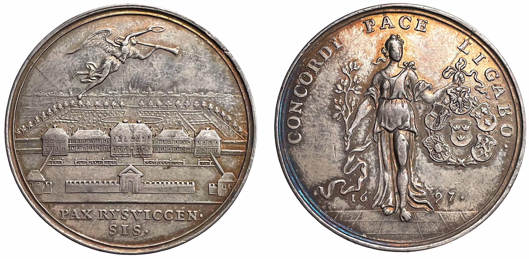 Konungen uppträder som medlare vid den mellan Frankrike och dess fiender i Ryswik i Holland avslutade  freden den 20 september och den 30 october 1697 av Georg Hautsch - RAR