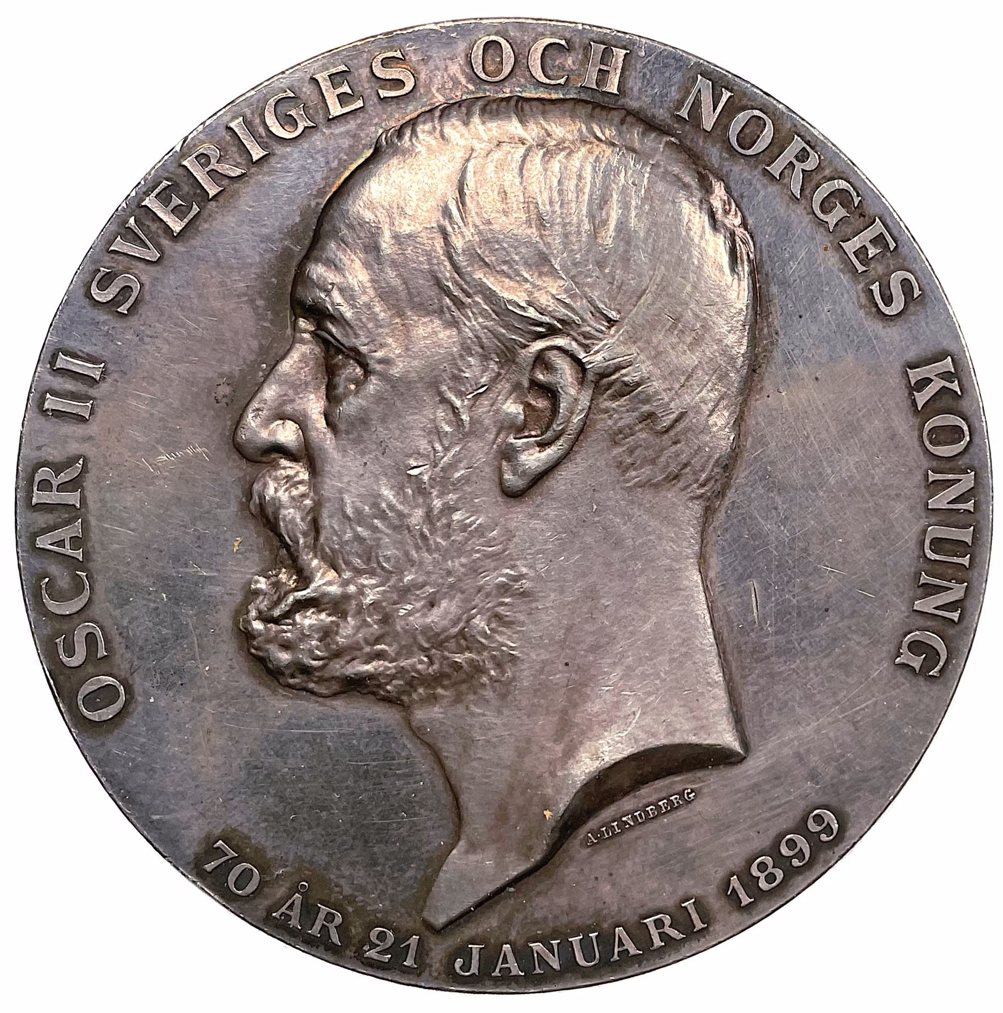 Oskar II - 70 år den 21 januari 1899 - Den så kallade "Kalendermedaljen" i silver - Mycket sällsynt av Adolf Lindberg