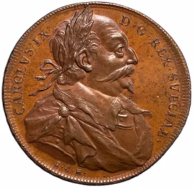 Hedlingers regentlängd - Karl IX av Johann Carl Hedlinger präglad på myntämne till 1 Öre SM med rutad rand
