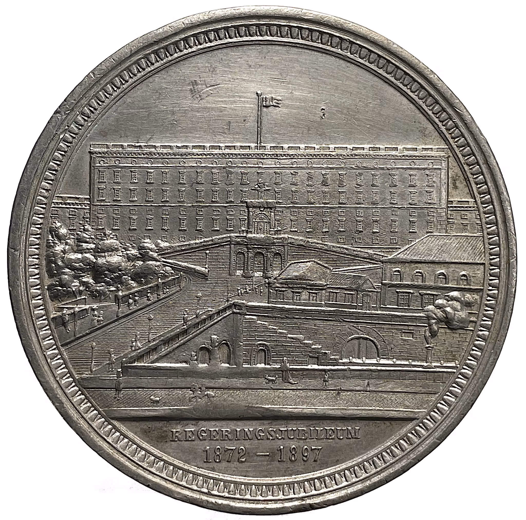 Stockholms slott och Norrbro 1897 sett från Gustav Adolfs torg - Regeringsjubileum 1872-1897