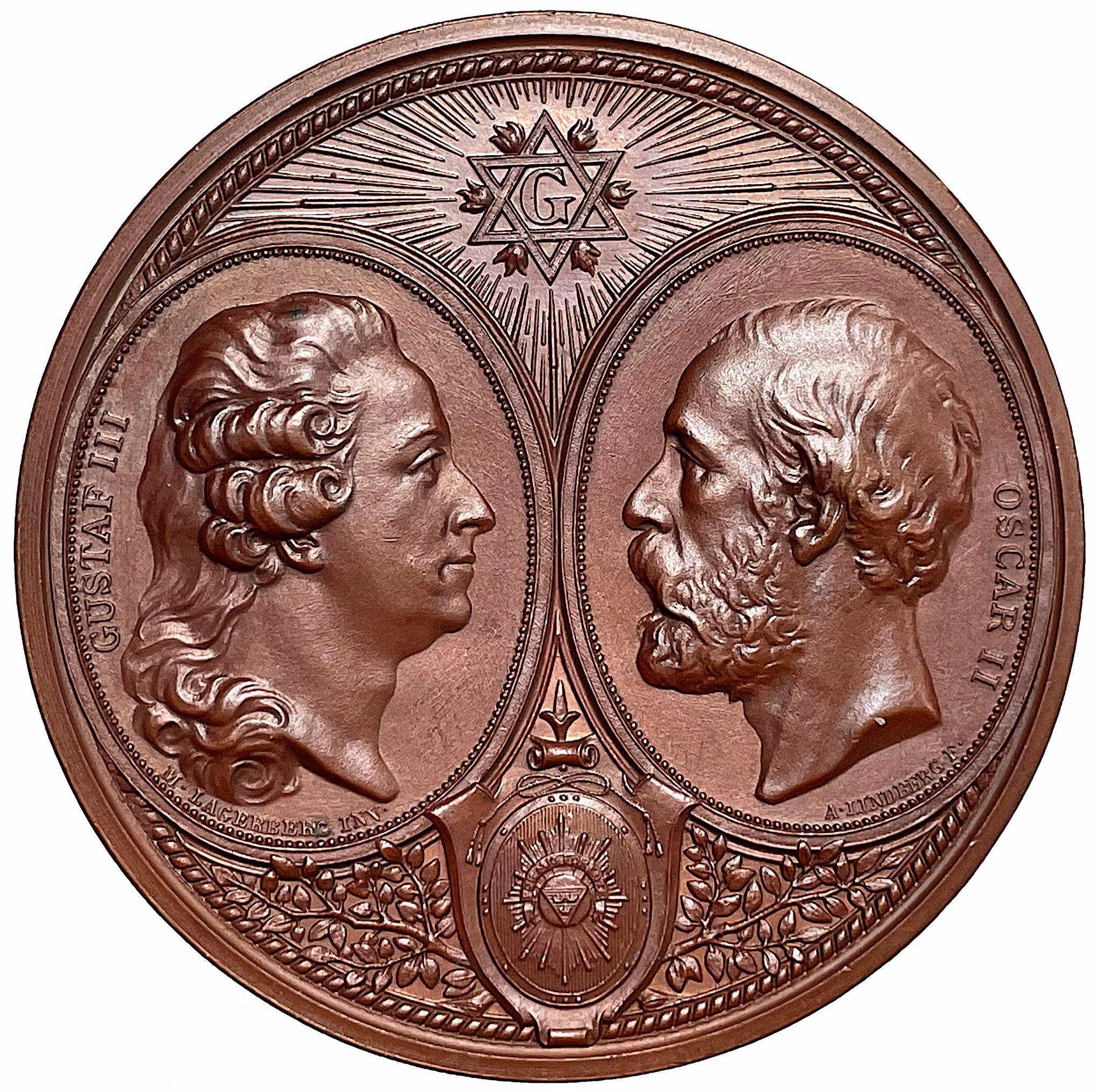 Oskar II - S:t Andreæ skotska frimurarelogen - De tre förenade kronors hundraårsfest 1877 av Adolf Lindberg - Mycket sällsynt