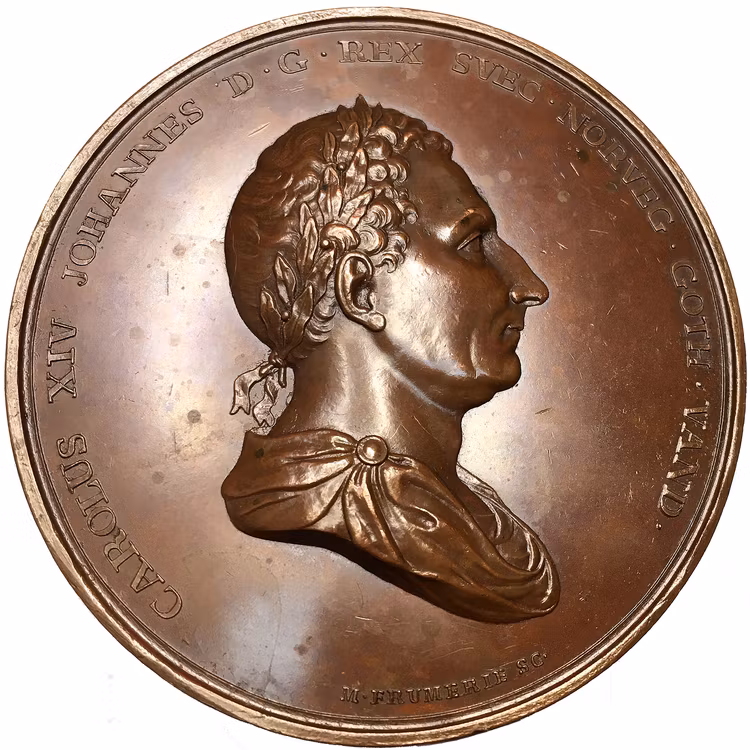 Karl XIV Johan, Konungens 25-åriga regeringsjubileum den 5 feb 1843 av Mauritz Frumerie - Massiv praktmedalj 80mm