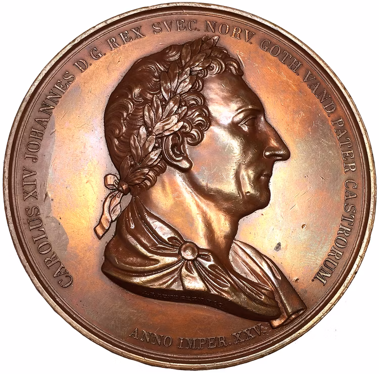 Karl XIV Johan, Konungens 25-åriga regeringsjubileum den 5 feb 1843 - Megalitisk medalj (82.5mm) av Ludvig Persson Lundgren
