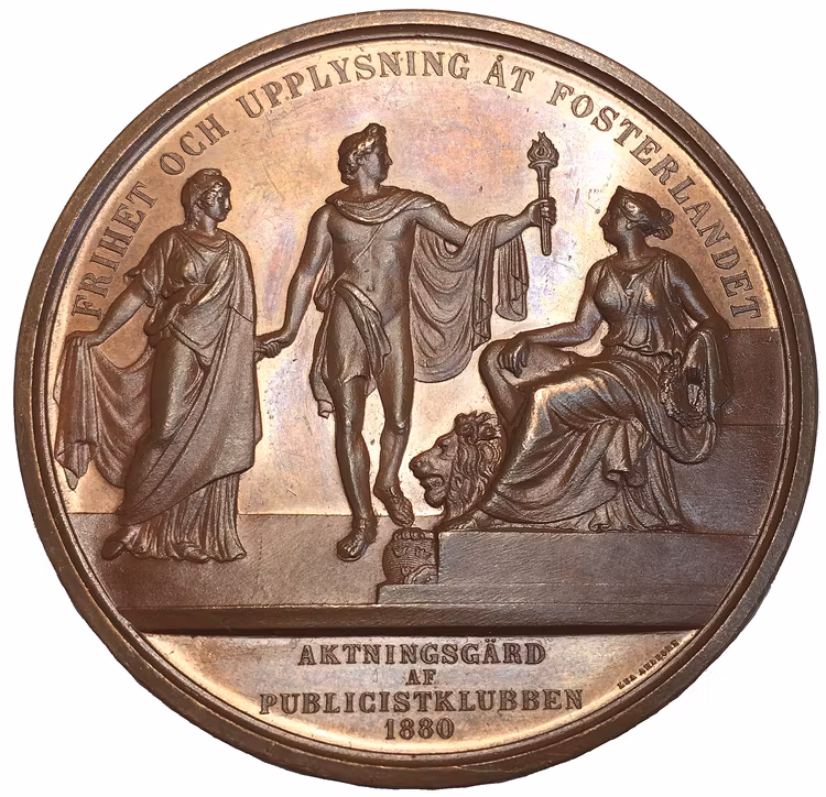 Massiv bronsmedalj (78.5mm) till minne av Lars Johan Hierta - grundare av Aftonbladet och Liljeholmens Stearinfabrik av Lea Ahlborn